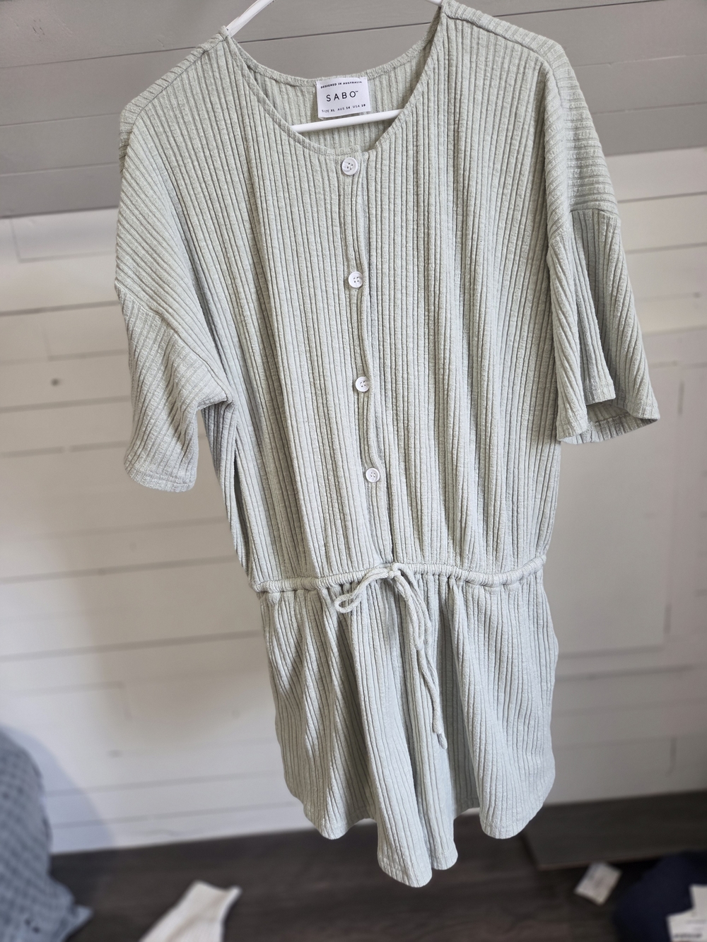 Sabo Mini Button-Front Ribbed Romper in Sage